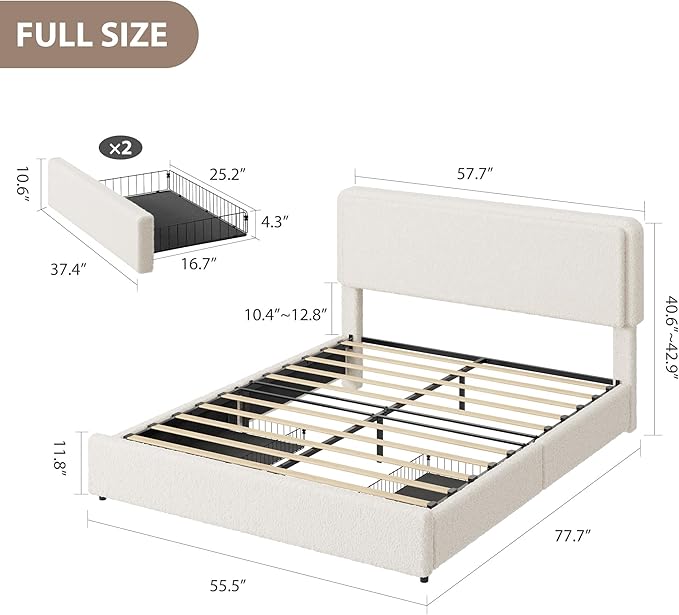 Garvee Full Size Teddy Fleece Bed Frame, Upholstered Platform Bed with 2 Storage Drawers, Height Adjustable Cloud Headboard, Thick Soft Teddy Fabric Bed, Modern Style, No Box Spring Required, Cream