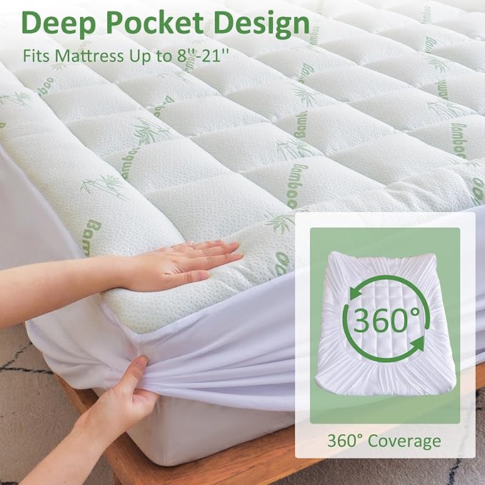 Cooling Mattress Topper King – Extra Soft Pillow Top Mattress Pad, Breathable Viscose Made from Bamboo Mattress Protector for Back Pain Relief, Deep Pocket Cover Fits 8–21 Inch