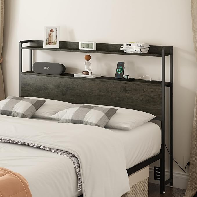 METYERRY Adjustable Full Size Headboard with Outlets, USB Ports,Type-C,LED Lights, and Storage, Rustic Brown, Sturdy Headboard for Enhanced Comfort and Functionality,Black Oak,Bed Frame NOT Included
