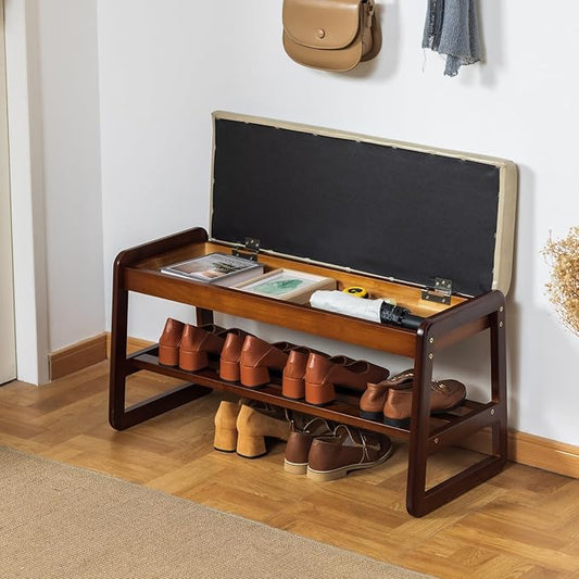 SOBIBO Shoe Bench with Storage - 2-Tier Entryway Bench, Solid Wood Shoe Rack with Cushion & Flip-Open Box, Mid-Century Modern for Hallway, Mudroom, Bedroom (Gray, 31.5'')