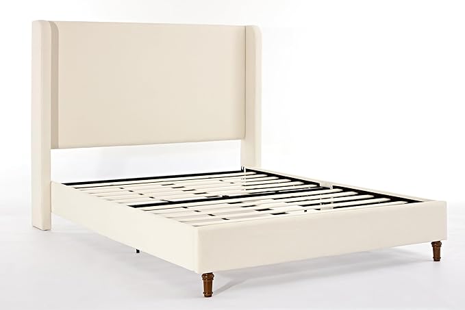 GDFStudio Tall Headboard Upholstered Bed,King Size Platform Bed Frame with Headboard Wingback,54" High No Box Spring Needed Easy Assembly Elegant Simplicity Ivory Boucle
