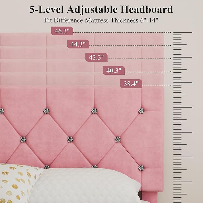 VECELO Queen Size Bed Frame with Diamond Tufted Headboard, Upholstered Platform Bedframe with Wood Slat Support, No Box Spring Needed, Mauve Pink