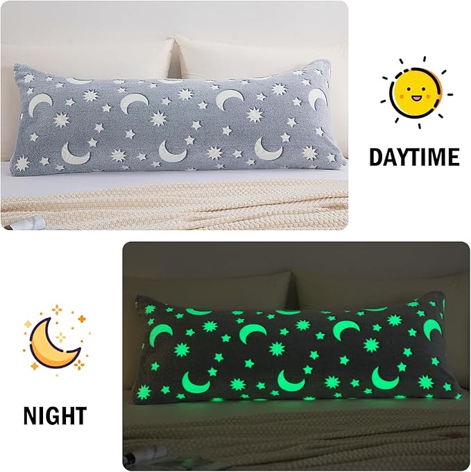 HOMBYS Glow in The Dark Body Pillow Cover, Soft Velvet Fluffy Bed Pillow Case, Fuzzy Long Pillowcase for Kids Boys Childern, Plush Decorative Throw Pillow Cover, 21x54 Inches, White Grey