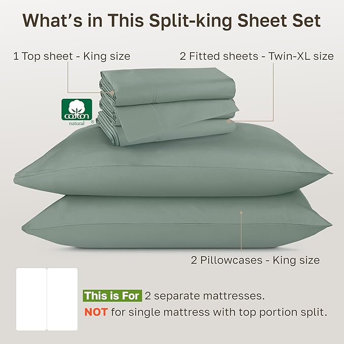 California Design Den King Split Sheets for Adjustable Bed Set - Luxury Hotel 800 Thread Count Sateen, Natural 100% Cotton Bedding Sheets & Pillowcases, Deep Pockets Bedding Set - Sage Green