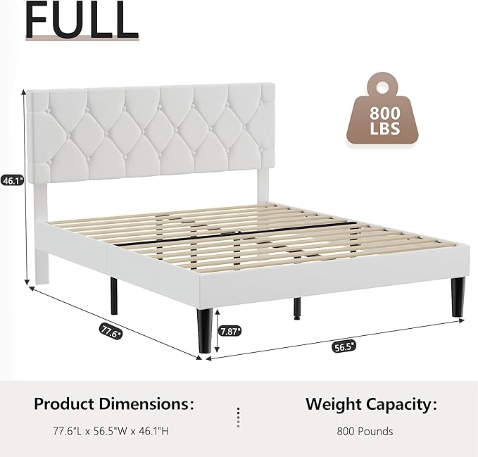 VECELO Full Size Bed Frame with Button Tufted Headboard, Upholstered Platform with Wooden Slat Support, No Box Spring Needed, White