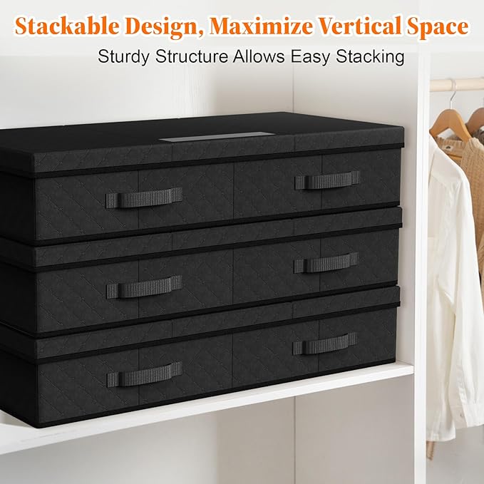 StoreHappily Under Bed Storage Containers with Lids - 3 Pack, Foldable and Stackable Clothes Storage Bags with Clear Window, 3-Sided Handles and Label Slot for Clothing, Blankets, Pillows (Black)