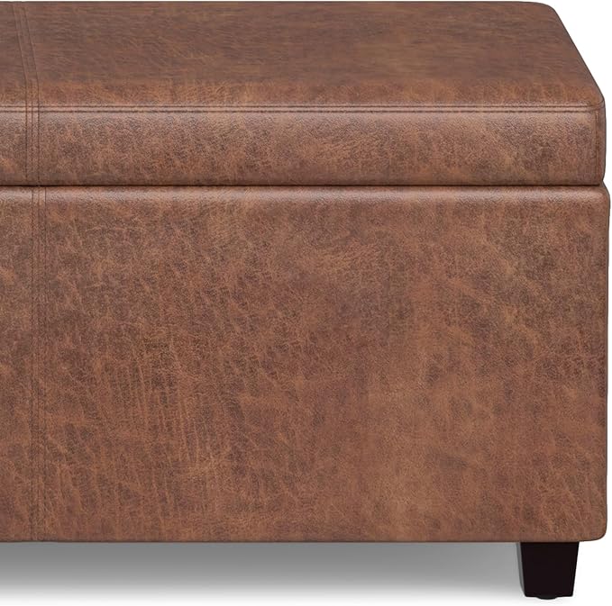 SIMPLIHOME Avalon Extra Large Storage Ottoman Bench - 54 inch Wide Upholstered Vegan Leather Rectangular Lift-Top Ottoman in Distressed Saddle Brown, Contemporary Bench for Living Room with Storage