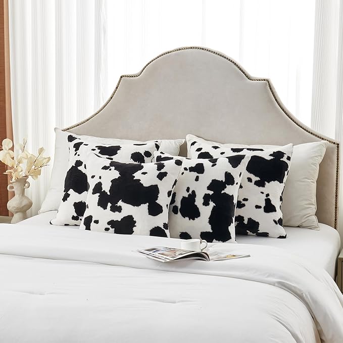 SOCHOW Decorative Throw Pillow Covers 20x20 Inches Set of 2, Soft Cow Print Flannel Fleece Pillowcase Square Cushion Covers for Sofa Couch Bed, Black/White
