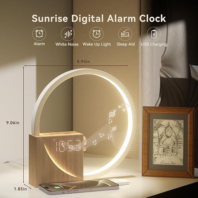 Vivilumens Sunrise Alarm Clock Sound Machine Nightlight, Gradual Wake Up Light, Digital Dimmable Clock, 10 White Noise Sleep Sounds, Snooze, Dual Clocks for Heavy Sleeper Adult, Decor Gifts for Women