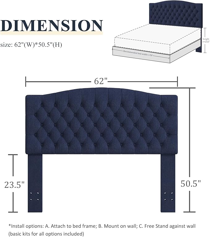 Befurtori Queen Headboard Only, Upholstered Headboard for Adjustable Bed Linen Tufted Queen/Full Size Wall Mounted Head Board with Solid Wood Legs Head Board, Navy Blue