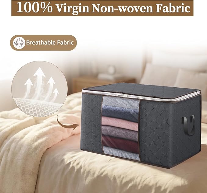 90L Clothes Blanket Storage Bags, 6 Pack Under Bed Storage Bins with Lids, Foldable Closet Organizer with Reinforced Handles for Clothing, Blanket, Comforters, Bed Sheets, Pillows and Toys, Gray