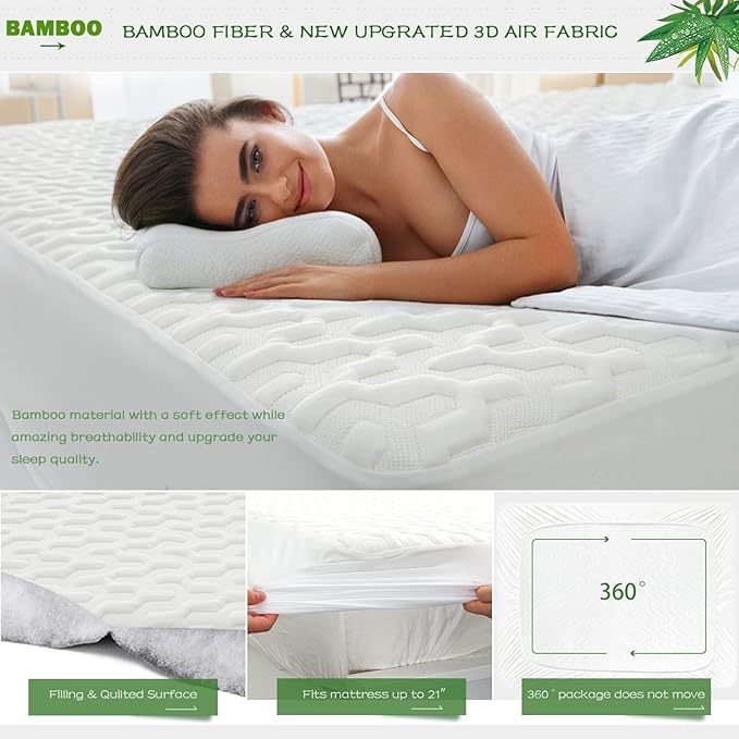 GRT Waterproof Rayon Bamboo Mattress Protector Queen Size - 3D Air Fiber Mattress Protector Cover, Cooling Mattress Pad Breathable Ultra Soft Noiseless 8''-21'' Deep Pocket Machine Washable