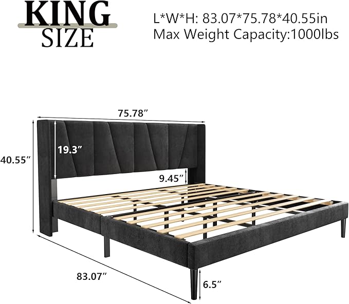 HAOARA King Bed Frame with Headboard, Velvet Upholstered Platform Bed Frames with Wingboard, Contemporary Mattress Foundation, Noise Free, No Box Spring Needed, Easy Assembly, Black