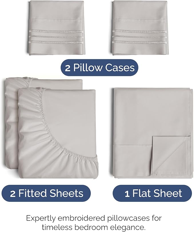 Split King Size 5 Piece Sheet Set - Comfy Breathable & Cooling Sheets - Hotel Luxury Bed Sheets for Women & Men - Deep Pockets, Easy-Fit, Soft & Wrinkle Free Sheets - Light Grey Oeko-Tex Bed Sheet Set