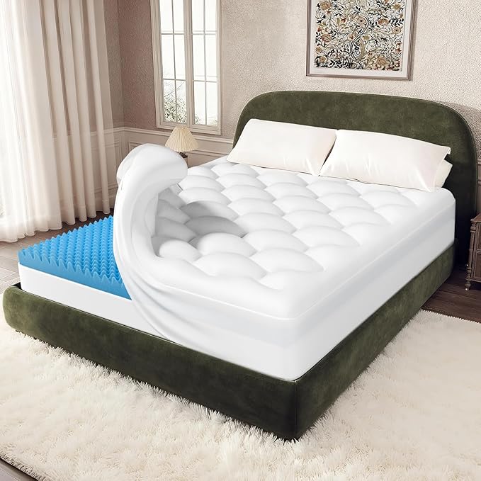 OhGeni Cooling 5 lnch King Size Dual Layer Mattress Topper, 3 Inch Egg Crate Gel Memory Foam, 2 Inch Breathable Pillow Top Pad, Bedroom Mattresses Cover, Extra Comfortable Sleep and Back Pain Relief