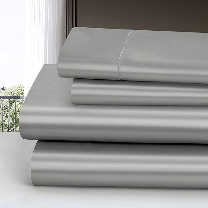 Homiest 4pcs Satin Sheets Set Luxury Silky Satin Bedding Set with Deep Pocket, 1 Fitted Sheet + 1 Flat Sheet + 2 Pillowcases (Full Size, Light Grey)