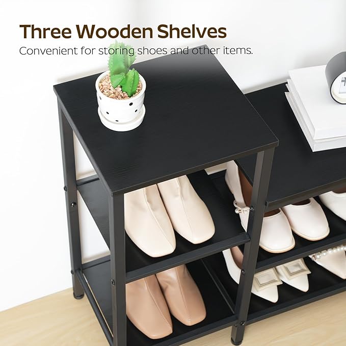 YATINEY 3-Tier Shoe Rack Bench, Wooden Shoe Storage Bench, Industrial Entryway Bench with Storage, Multi-Functional Shoe Rack with Seat for Bedroom, Hallway, Living Room, Black HX05BB