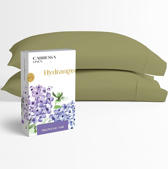 Carressa Linen 100% Egyptian Cotton Pillow Cases Queen Size Set of 2 - Luxury 600 Series Hydrangeas Collection Queen Size Pillowcases (Sage Green), Cooling Sateen Weave Hotel Quality Bed Pillow Cover
