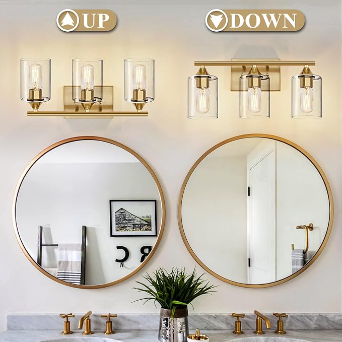 Gold Bathroom Light Fixtures,3-Light Vanity Lights,Modern Brushed Brass Gold Wall Sconce Lighting,Bathroom Wall Lamp for Mirror Bedroom Living Room Vanity Table Hallway