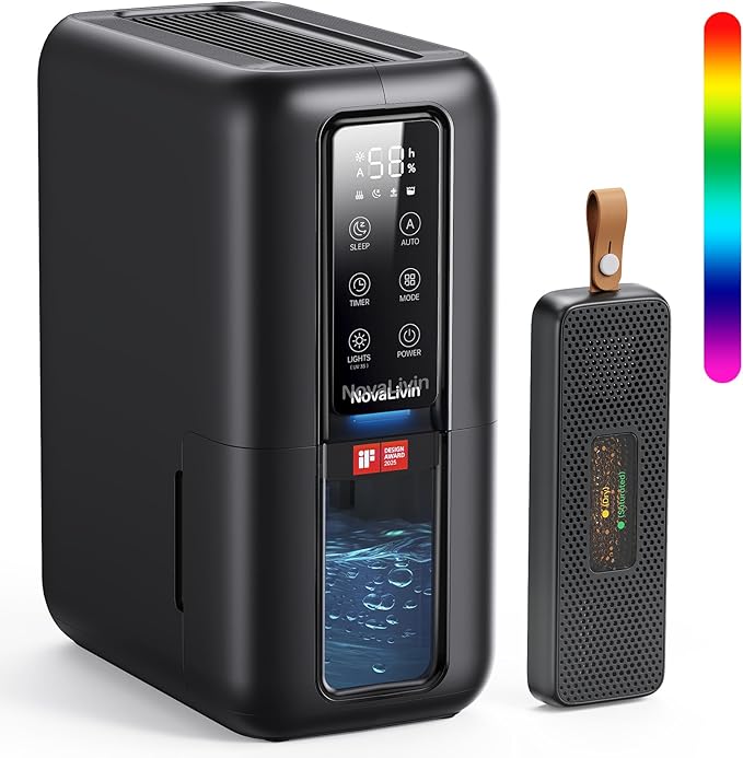 Dehumidifiers for Bathroom with Moisture Absorber Bag Reusable, 68 OZ Water Tank Portable Quiet Dehumidifier for Bedroom with Auto Shut Off, 7 Colors LED Light for Home, RV, Garage, apartment, Black