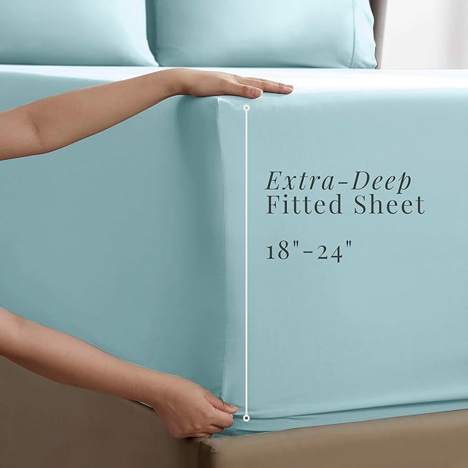 Hearth & Harbor Extra Deep Pocket King Size Sets - Fits Mattress 18-24 Inches Deep - Extra Deep Pocket Sheets - 6 Piece King Size - Aqua Blue