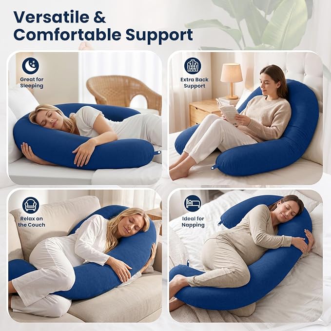 TranquilRelax C Shaped Body Pillow for Side Sleepers, Memory Foam Long Pillow for Leg, Hip & Back Support, Soft Washable Cover,Navy Blue-35"*10"