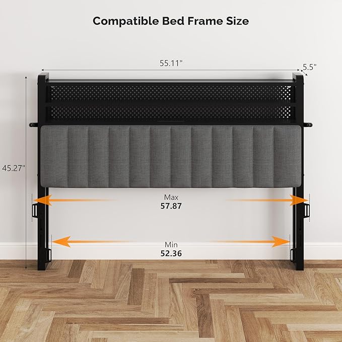 VINGLI Full Size Headboard Only, Adjustable Upholstered Headboard with 3 Tier Shelves and Pegboard with Charging Stations and LED Lights, Modern Bed Headboard with Storage for Bedroom Decor,Dark Gray