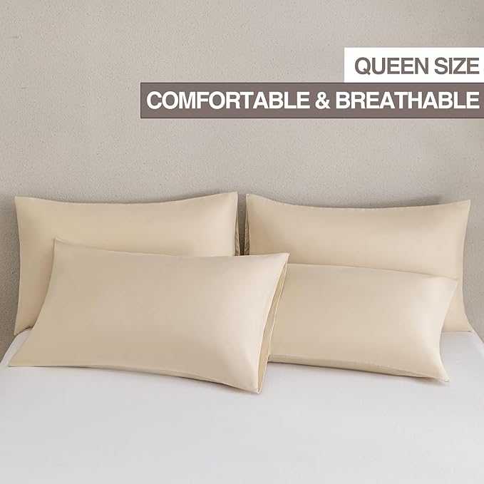 MINIPANDA Beige Pillow Cases Set of 4 Queen Size - Super Soft, Smooth and Breathable Pillow Cases Queen- Envelope Design - Machine Washable Lightweight (20X30 Inches (4 Piece))