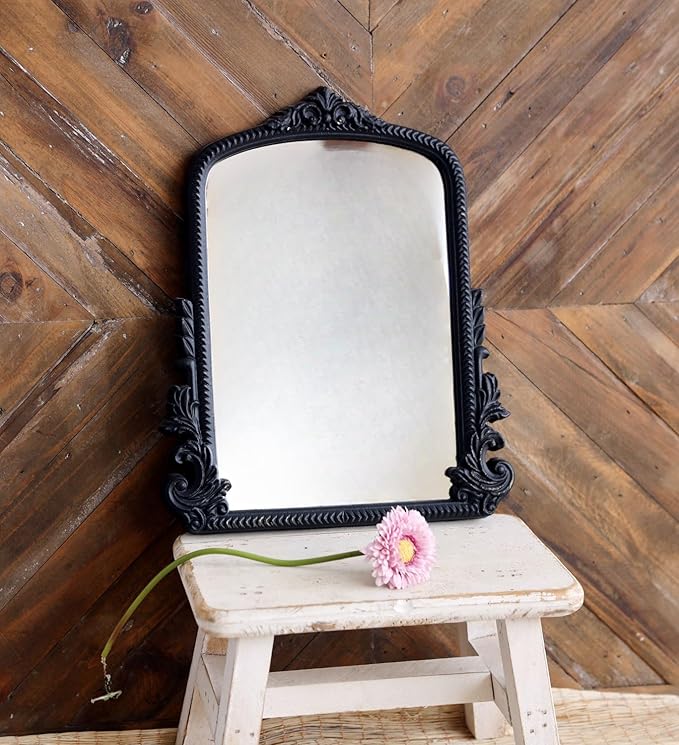 HSDDHOME Black Vintage Arched Vanity Mirror, Baroque Tabletop Makeup Mirror, Decorative Antique Mirror for Dresser, Bedroom, Living Room, 11.8" x 9.6"