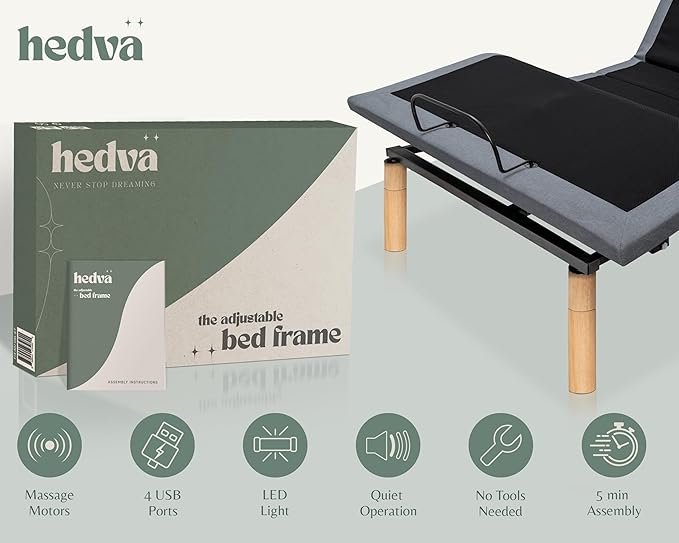 Hedva Adjustable Bed Frame with Massage Motors, 4 USB Ports, LED Light, 5-Minute Assembly, Multiple Preset Positions for Ultimate Comfort, Wireless Remote Control Adjustable Bed (Natural, Full)