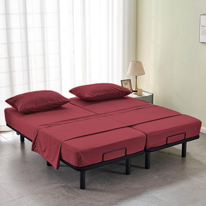 Kingnex Striped Split California King Sheets Sets for Adjustable Bed with Deep Pocket 5 Pieces Include 2 Cali Twin XL Fitted Sheets 1 Flat Sheet 2 King Size Pillowcases Burgundy