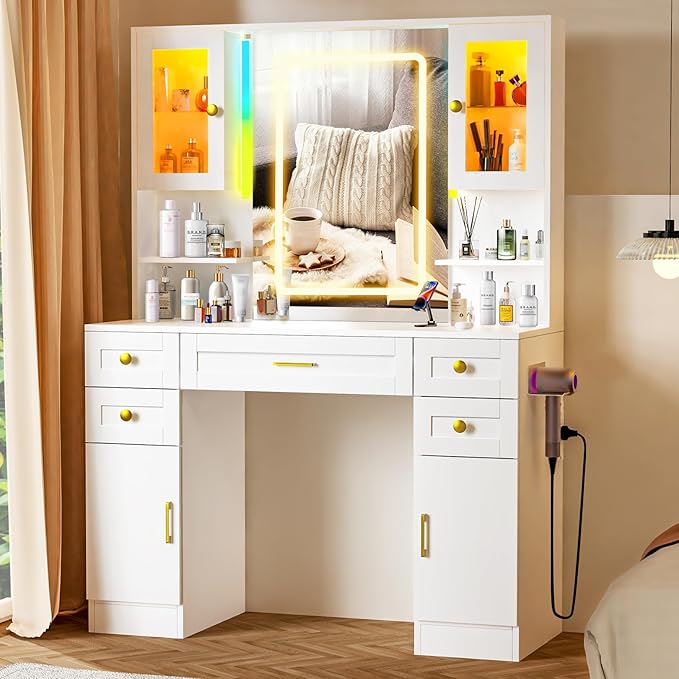 KAMABOKO White Vanity Desk with Mirror, Makeup Vanity Table with 5 Drawers, 2 Storage Cabinets & 2 Glass-Door Display Cabinets for Bedroom and Dressing Room