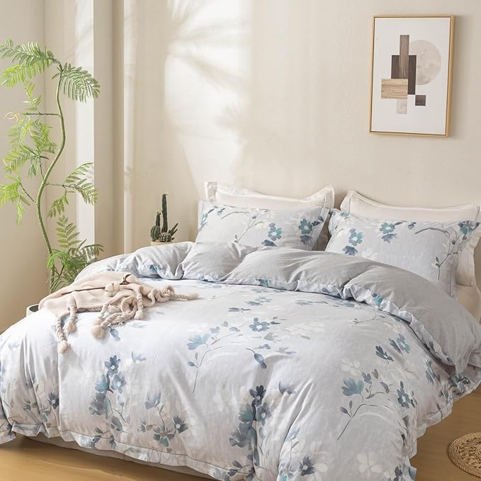 OAITE Duvet Cover Set King Size Floral Pattern Ultra Soft 100% Cotton Duvet Cover Sets 3-PC, Breathable Duvet Cover with Zipper Closure & Corner Ties(2 Pillow Shams,1 Duvet Cover)