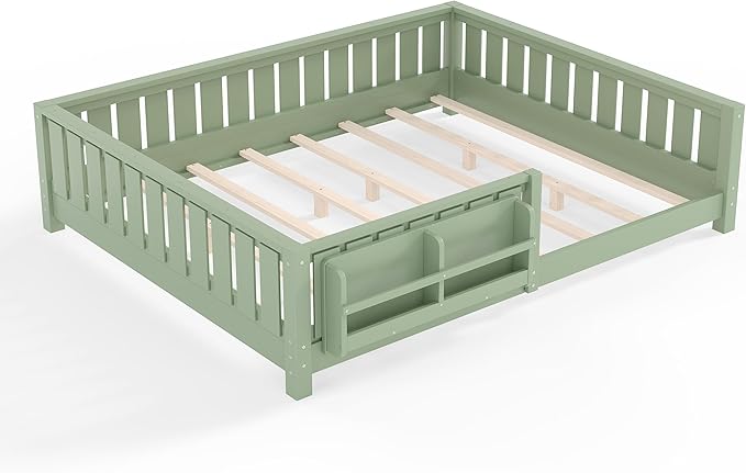 Bellemave Queen Floor Bed Frame with Fence & Bookshelf, Solid Pinewood Montessori Floor Bed Frame Queen with Slats Load 550LBS, Low Floor Bed for Bedroom, Nursery, Easy Assembly, Green