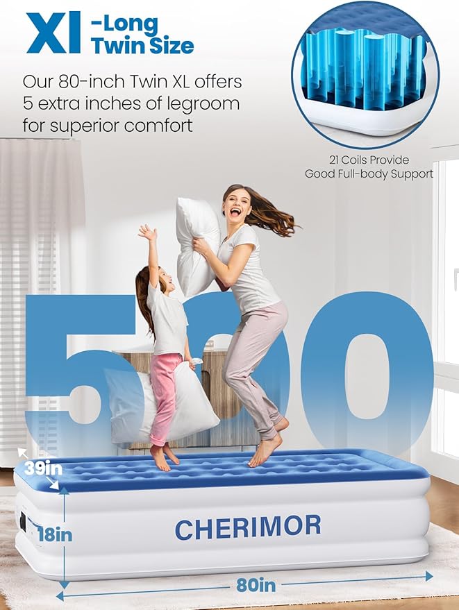 CHERIMOR Twin XL Air Mattress with Built-in Pump, 18" Raised Comfort, 80“ Length, 48Hr Leak-Proof Test, Upgraded Honeycomb Pillar Design, Supports 500 lbs, 2-Min Inflation for Home Guests-Blue