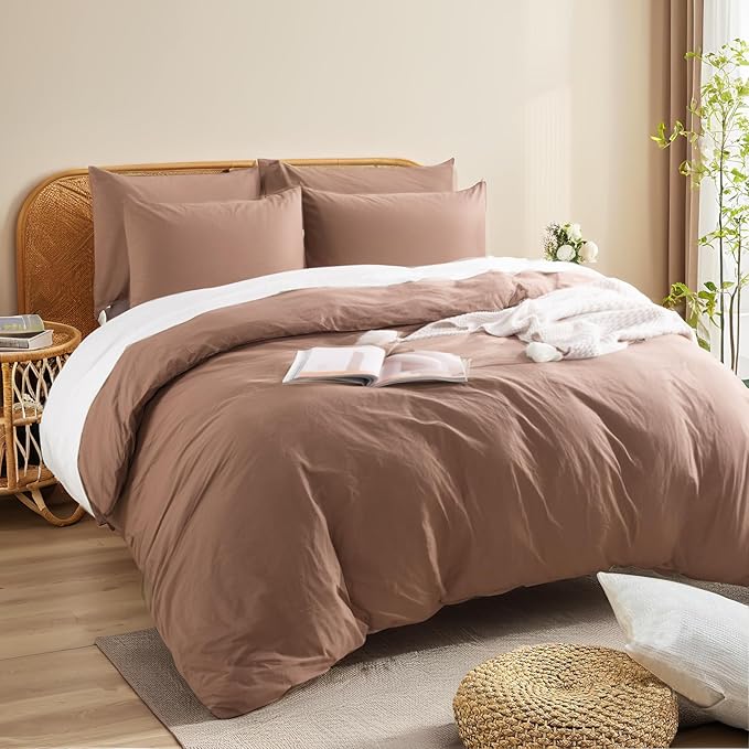 NEXHOME PRO Duvet Cover Set 100% Washed Cotton Full Size Linen Feel Textured Organic Natural 3 Pieces Bedding Set Mocha Brown with Zipper Closure and Corner Ties, Breathable (No Comforter)