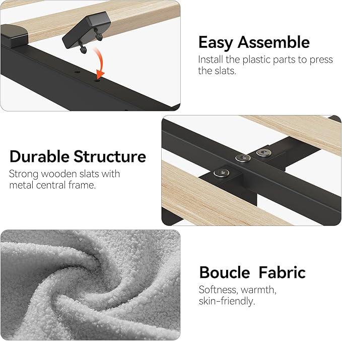 IDEALHOUSE Twin Bed Frame for Kids, Boucle Upholstered Platform Bed for Boys/Girls with 2 Flexible Drawers, Bookcase Headboard, Noise-Free, Easy Assembly, No Box Spring Needed, Gray