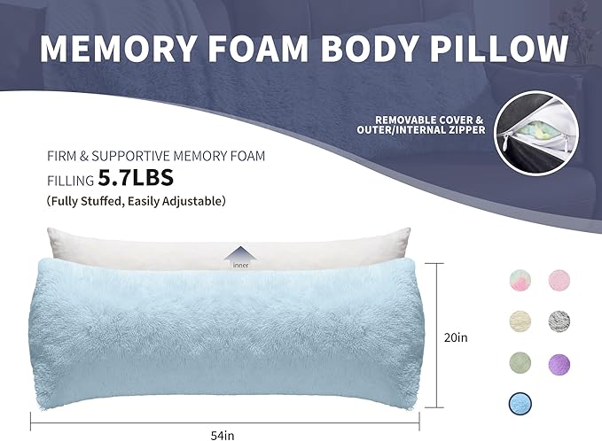 WSOFRLAC Thin Neck Pillow for loft Bed 20x54 Adjustable Back Decorative Pillows for Bed Blue Snuggle Pillows for Adults with Large Body Pillow Covers Machine Washable