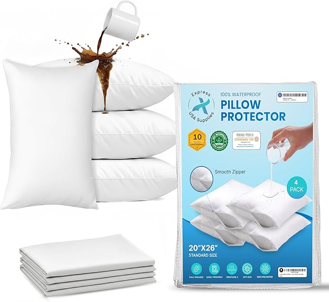 Set of 4 Standard/Queen Waterproof Pillow Protectors - Temperature Balancing, Allergist Recommended - Premium Breathable, Zippered Protectors (White)