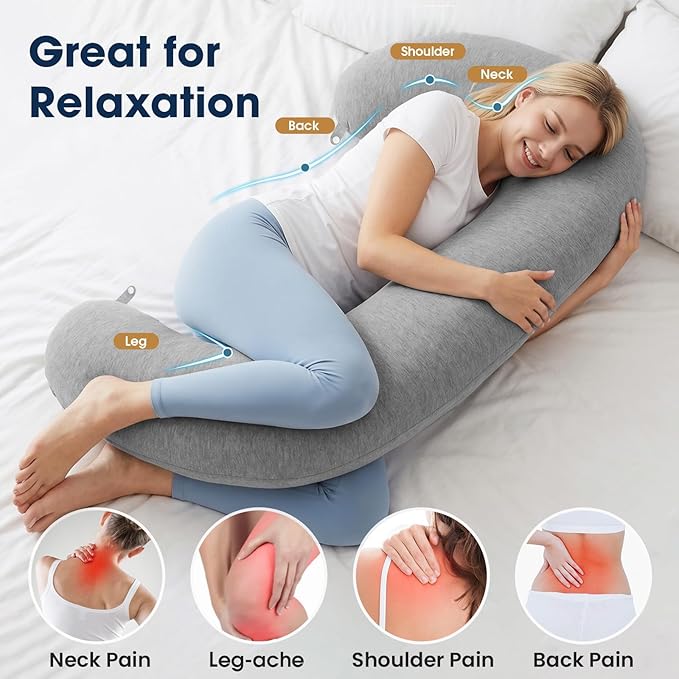 TranquilRelax C Shaped Body Pillow for Side Sleepers, Memory Foam Long Pillow for Leg, Hip & Back Support, Soft Washable Cover,Grey-47"*10"