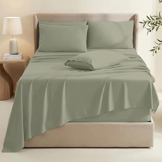 Hearth & Harbor Extra Deep Pocket Queen Sheets Sets - Fits Mattress 18-24 Inches Deep - Extra Deep Pocket Sheets - 6 Piece Queen Size - Sage
