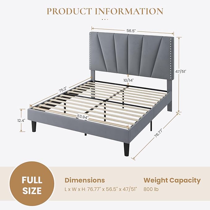SHA CERLIN Full Size Bed Frame with Adjustable Upholstered Velvet Rivets Headboard, Sturdy Wooden Slats, Strong Platform Support for Mattress, No Box Spring Needed, Easy Assembly, Grey