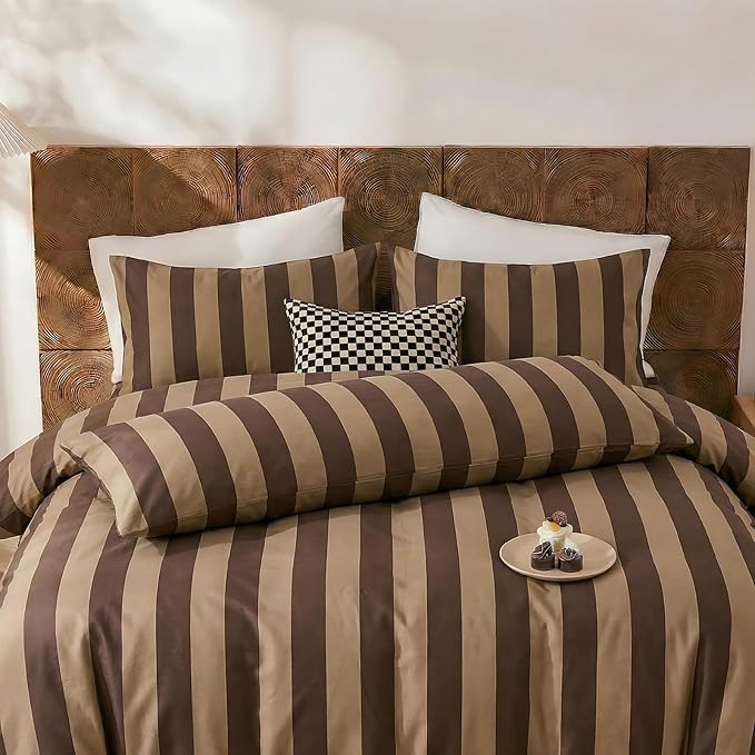 Merryword King Size Pillowcases, 100% Cotton Pillow Cases, Brown and Khaki Striped Pillowcases, Soft Breathable Wide Stripes Pillow Covers, Set of 2