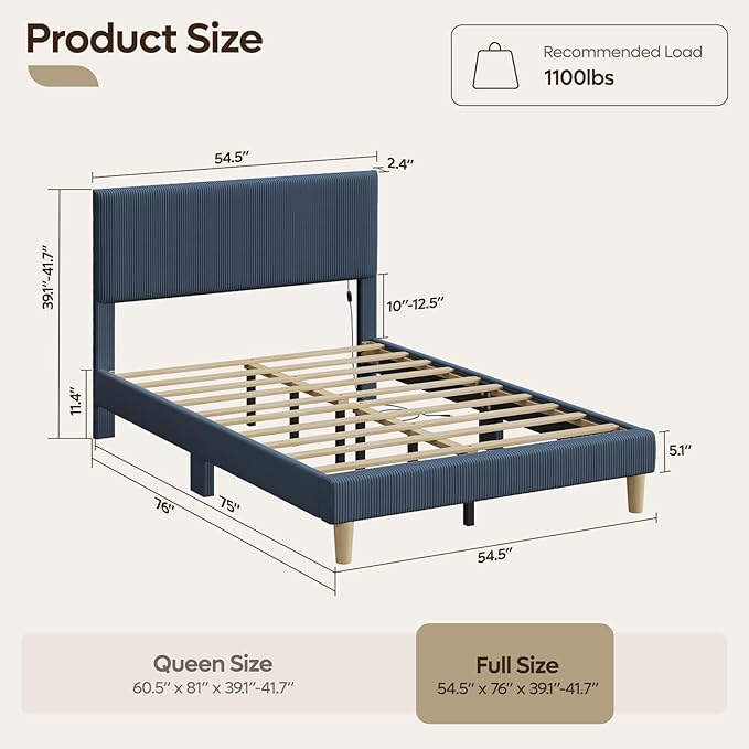 Bestier Full Bed Frame with Adjustable Headboard, LED Lighting, Vertical Channel Tufted Corduroy Upholstered, Solid Wooden Slats Support, No Box Spring Needed, Never Squeaks, Easy Assembly,Blue