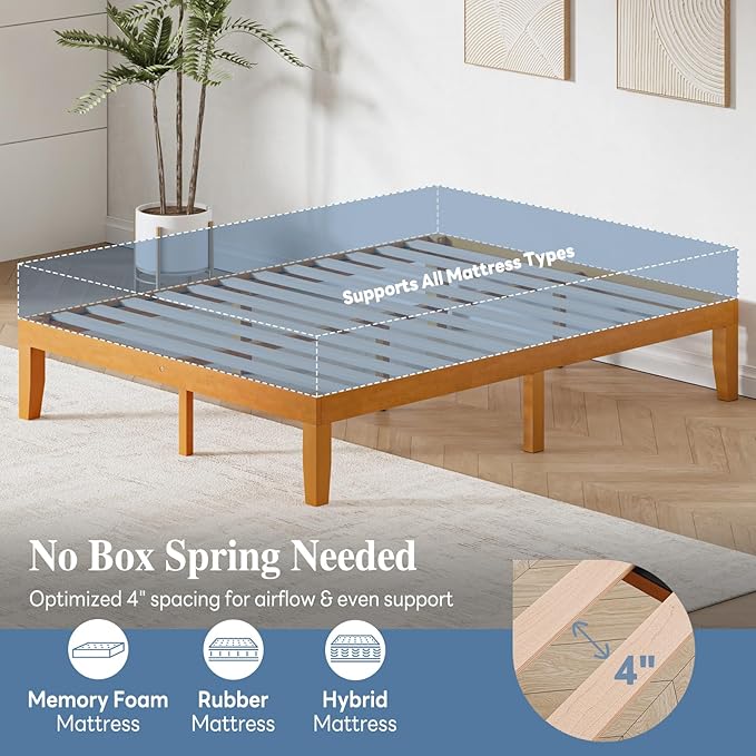 DUMOS 14 Inches Queen Size Wood Platform Bed Frame, Solid Wooden Mattress Foundation with Heavy Duty Wood Slat Support, Sturdy, No Box Spring Needed, Natural Pine