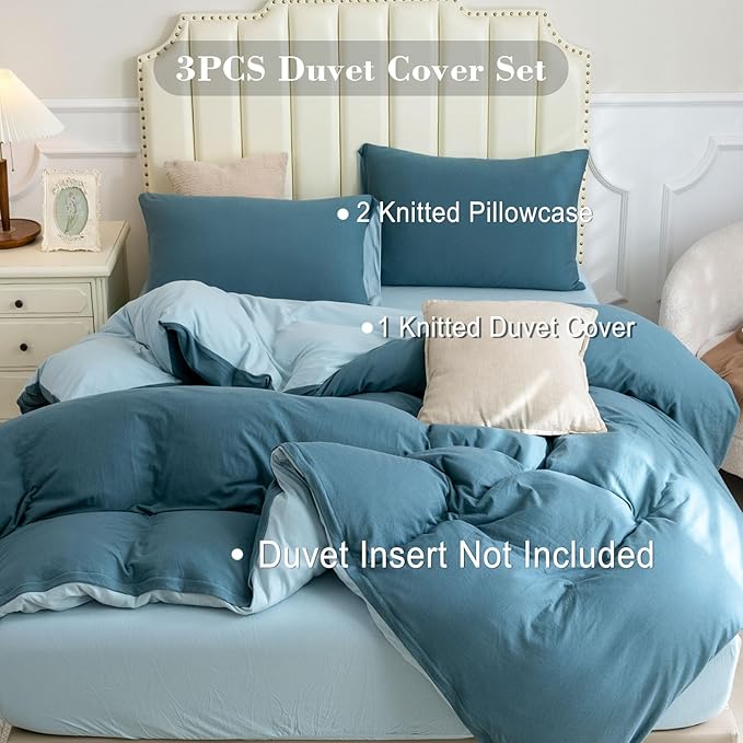 PURE ERA Jersey Knit Duvet Cover Set 100% T-Shirt Cotton Super Soft Comfy 3pc Bedding Set with Zipper Closure (Solid Cerulean Blue/Light Blue, King)