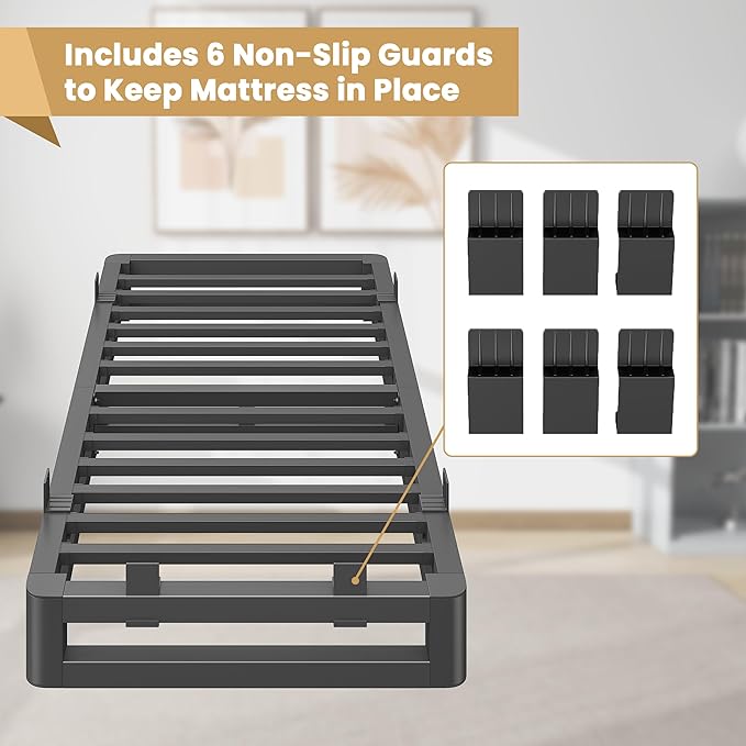6 Inch Twin Bed Frames with Rounded Corner and Squeak Free U-Slot Design, Metal Platform Bed Frames 6 Non-Slip Guards, 3500lbs Heavy Duty Steel Slat Support, No Box Spring Needed, Black