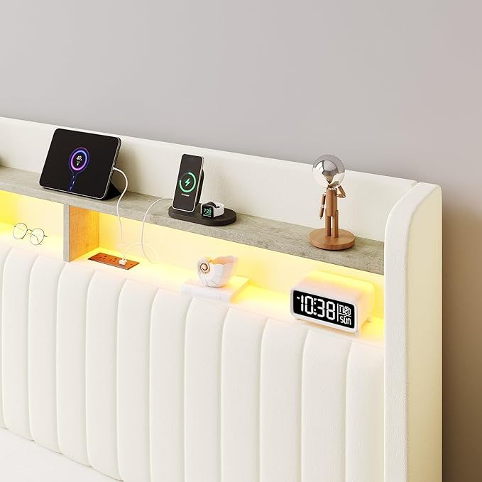 SHA CERLIN Full Size Lift Up Storage Bed Frame/LED Lights/Charging Station/2-Tier Shelves Headboard/USB,Type-C Ports/Velvet Upholstered/Hydraulic Support/No Box Spring Needed/Noise Free/Cream