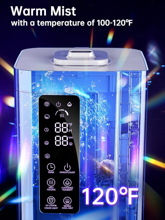 Humidifier with Warm & Cool Mist - 2.64Gal Top Fill, 500 sq ft Coverage, 60H Runtime, Remote, Humidity Control, Aroma Tray & Mood Light, Humidifier for Bedroom Home Office Plant