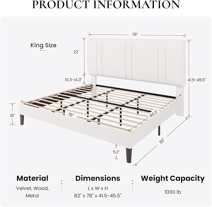 SHA CERLIN King Size Platform Bed Frame, Velvet Upholstered Bed with Adjustable Headboard, Vertical Channel Tufted Design, Sturdy Wood Slat Support, No Box Spring Needed, Easy Assembly, White